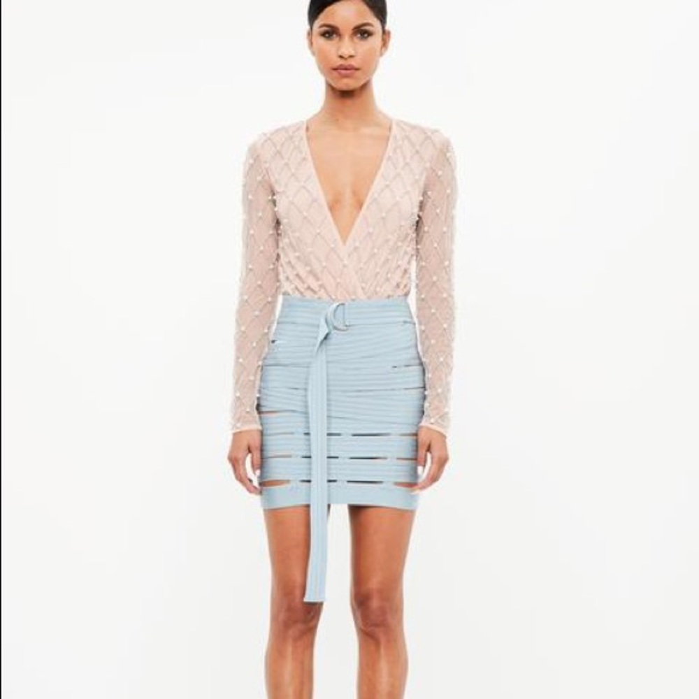 Pink Nude pearl beaded bodysuit long sleeve